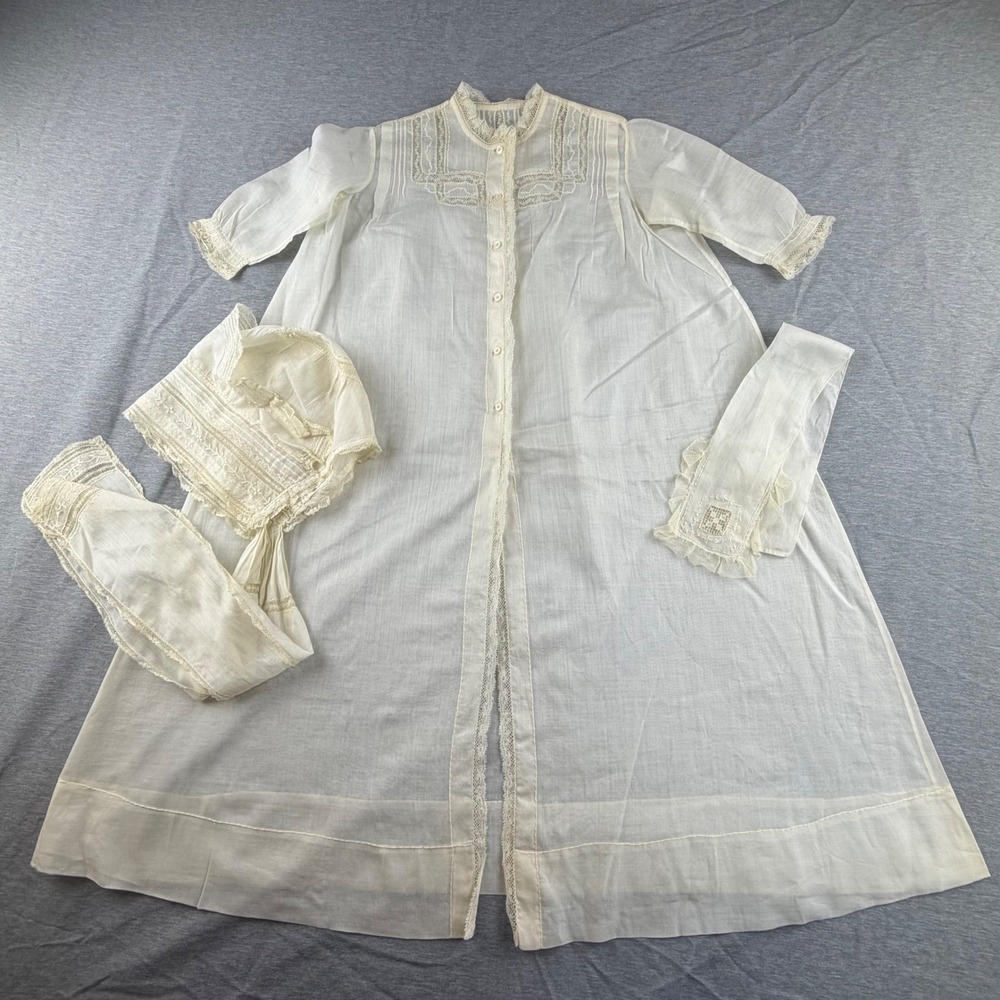 Antique Edwardian Baby Christening Gown Set Lace Bonnet Stole White Lawn 0-6M
